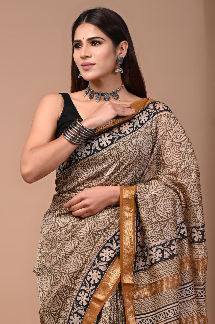 PURE HAND BLOCK PRINTED MAHESHWARI SAREE