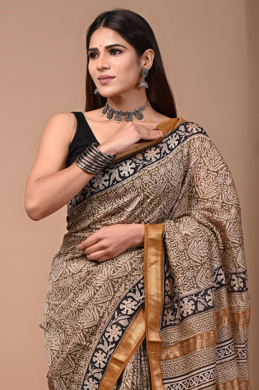PURE HAND BLOCK PRINTED MAHESHWARI SAREE