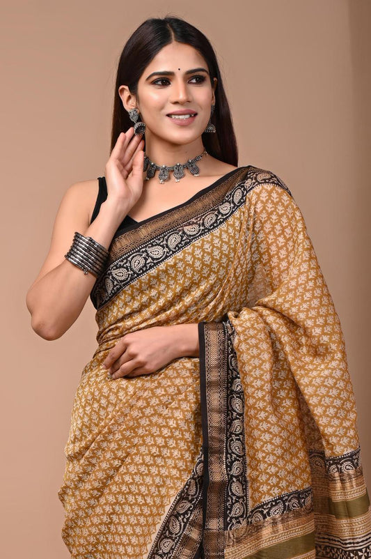 PURE HAND BLOCK PRINTED MAHESHWARI SAREE