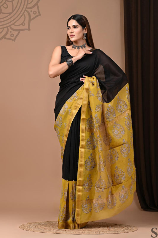 PURE HAND BLOCK PRINTED MAHESHWARI SAREE