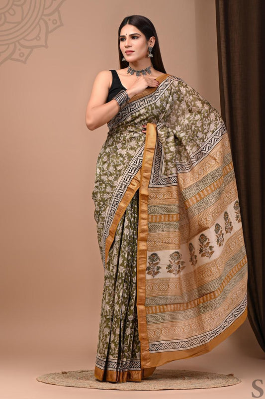 PURE HAND BLOCK PRINTED MAHESHWARI SAREE