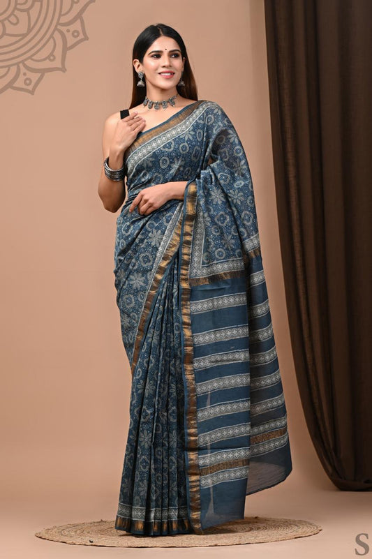 PURE HAND BLOCK PRINTED MAHESHWARI SAREE