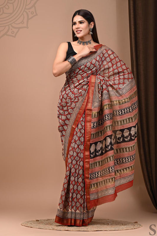 PURE HAND BLOCK PRINTED MAHESHWARI SAREE