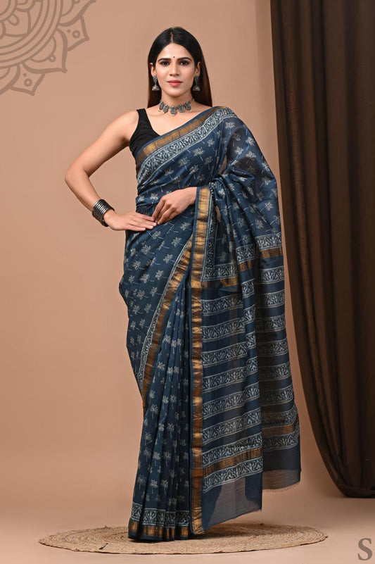 PURE HAND BLOCK PRINTED MAHESHWARI SAREE