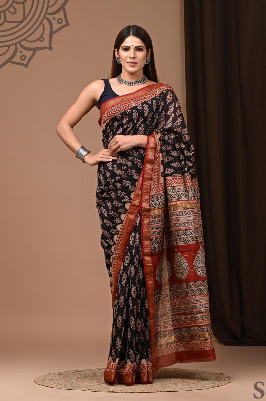 PURE HAND BLOCK PRINTED MAHESHWARI SAREE