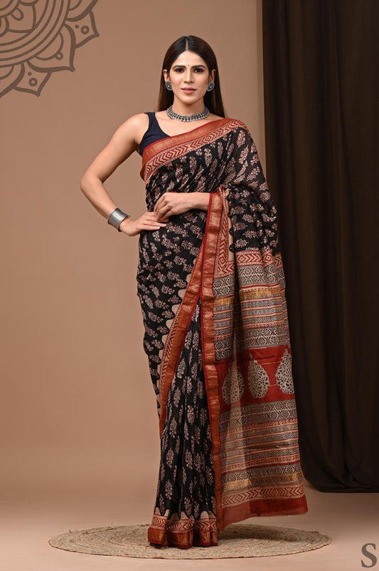 PURE HAND BLOCK PRINTED MAHESHWARI SAREE