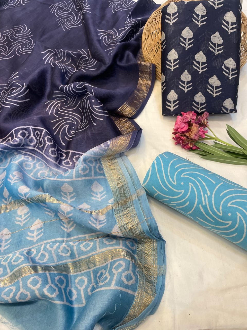 Hand Block Printed Maheshwari Silk Suit Set