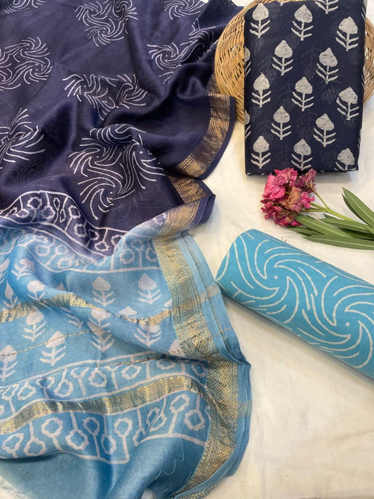 Hand Block Printed Maheshwari Silk Suit Set