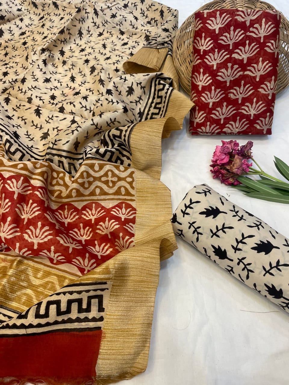 Hand Block Printed Maheshwari Silk Suit Set