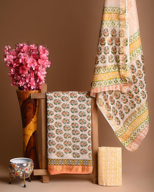 Hand Block Printed Maheshwari Silk Suit Set