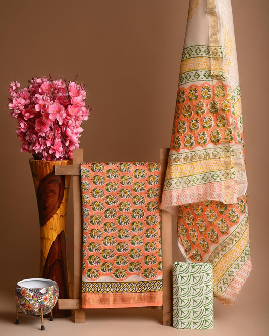 Hand Block Printed Maheshwari Silk Suit Set
