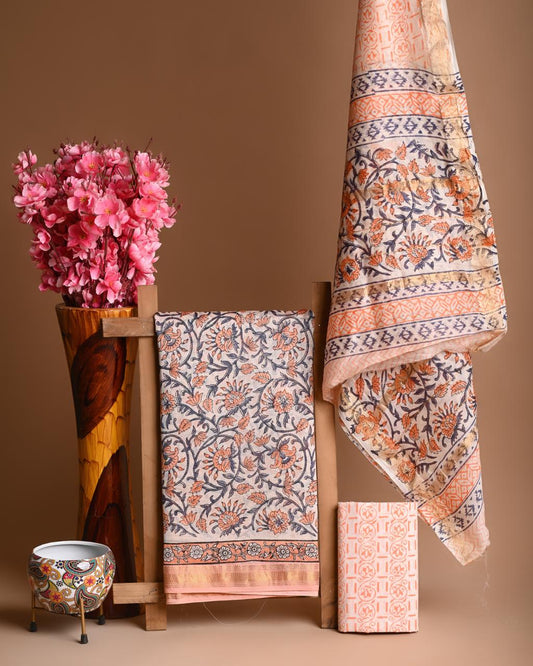 Hand Block Printed Maheshwari Silk Suit Set