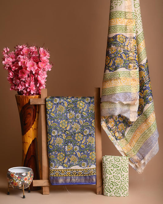 Hand Block Printed Maheshwari Silk Suit Set