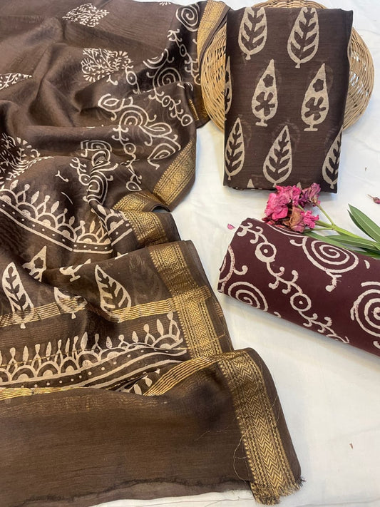 Hand Block Printed Maheshwari Silk Suit Set