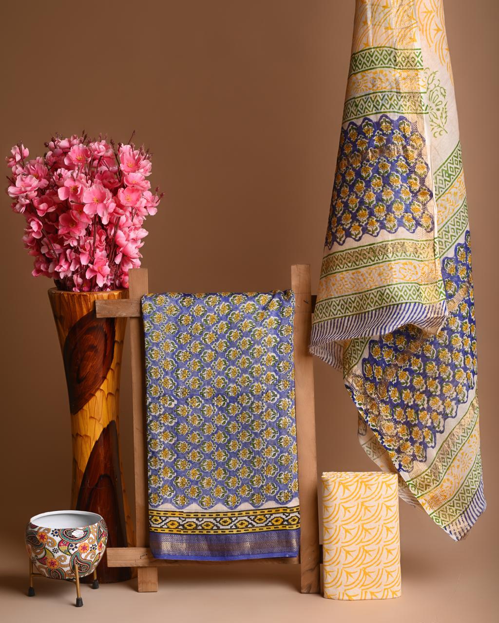 Hand Block Printed Maheshwari Silk Suit Set