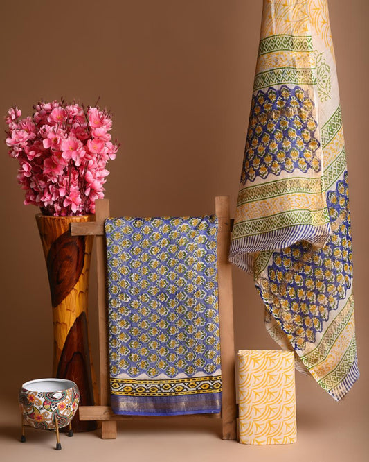 Hand Block Printed Maheshwari Silk Suit Set