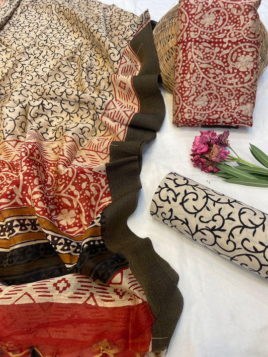 Hand Block Printed Maheshwari Silk Suit Set