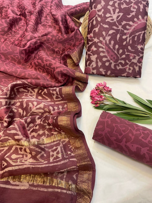 Hand Block Printed Maheshwari Silk Suit Set