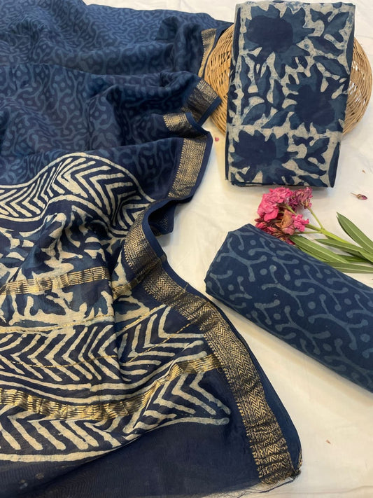 Hand Block Printed Maheshwari Silk Suit Set