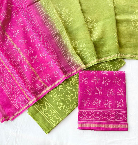 Hand Block Printed Chanderi Silk Suit Set