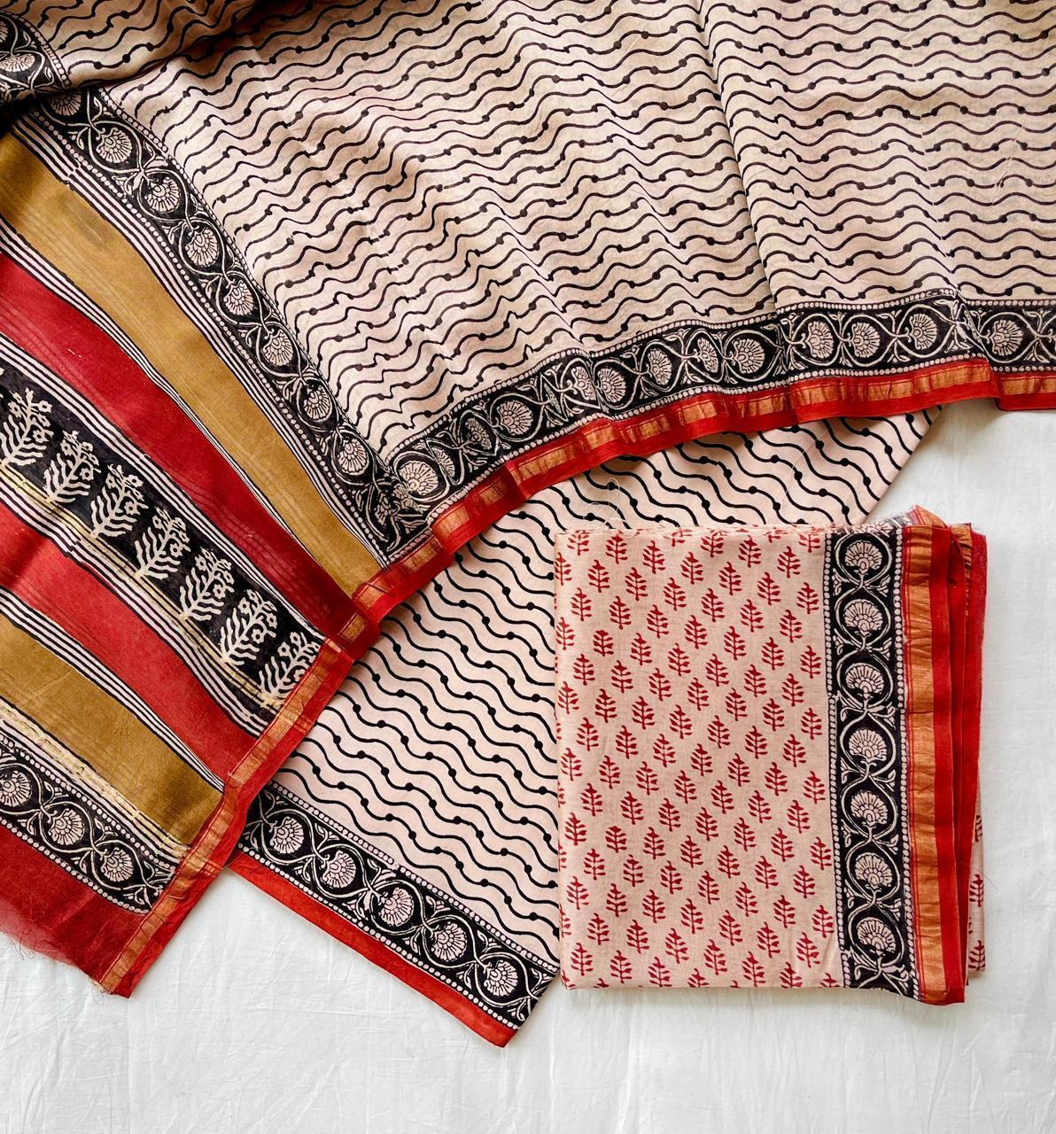 Hand Block Printed Chanderi Silk Suit Set
