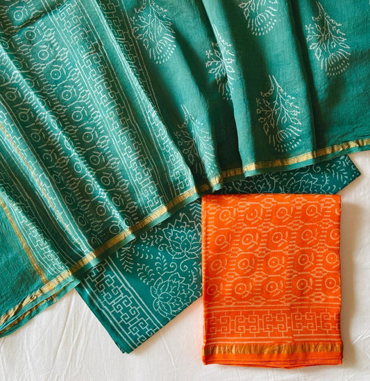 Hand Block Printed Chanderi Silk Suit Set
