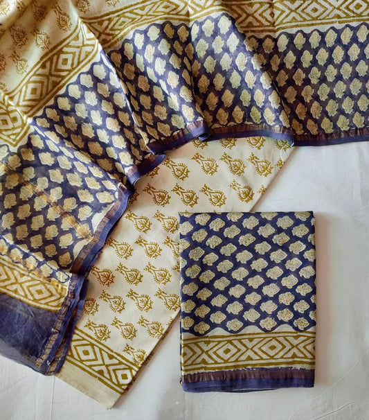 Hand Block Printed Chanderi Silk Suit Set