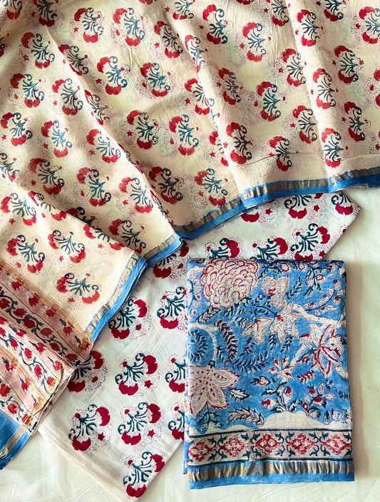 Hand Block Printed Chanderi Silk Suit Set