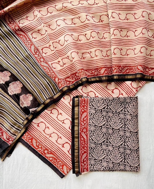 Hand Block Printed Chanderi Silk Suit Set