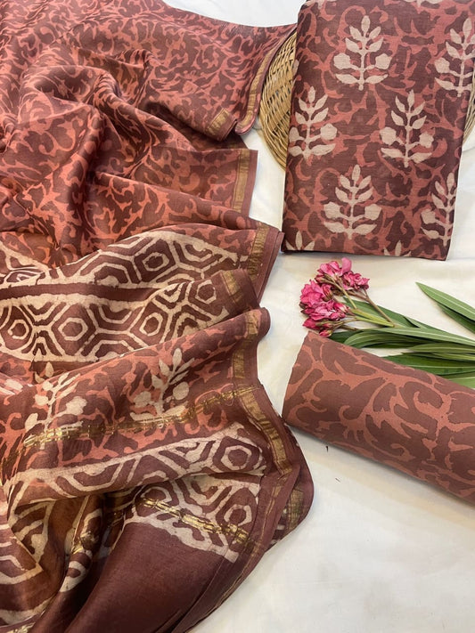 Hand Block Printed Chanderi Silk Suit Set