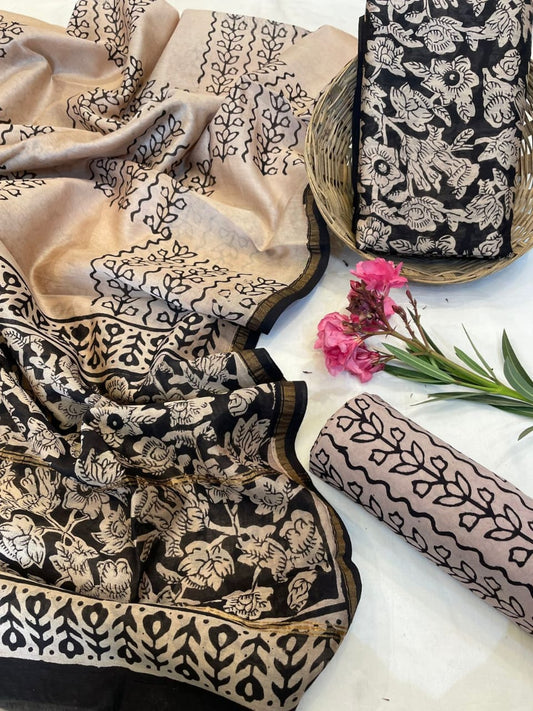 Hand Block Printed Chanderi Silk Suit Set