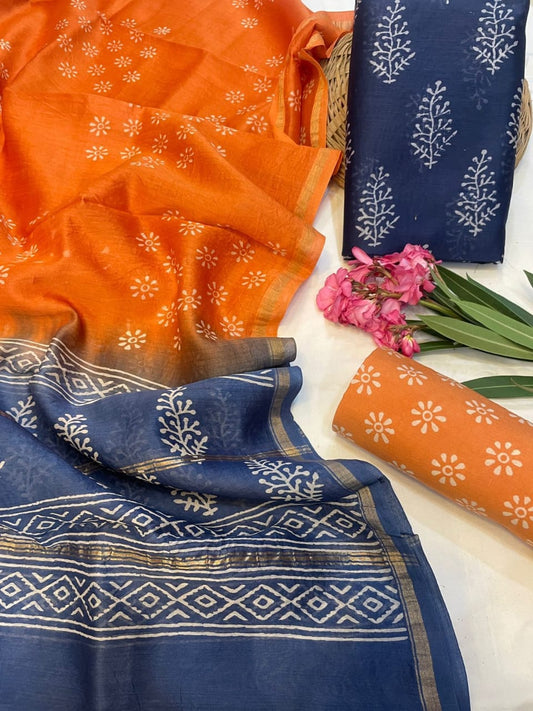 Hand Block Printed Chanderi Silk Suit Set