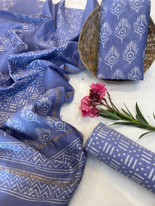 Hand Block Printed Chanderi Silk Suit Set