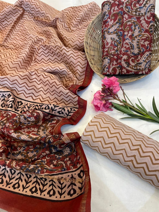 Hand Block Printed Chanderi Silk Suit Set