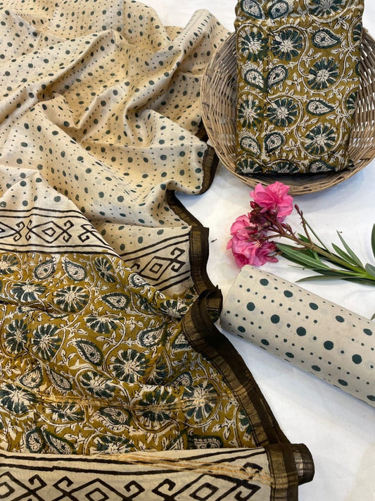 Hand Block Printed Chanderi Silk Suit Set