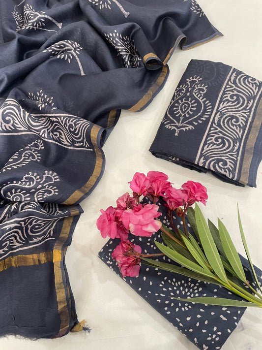 Hand Block Printed Chanderi Silk Suit Set