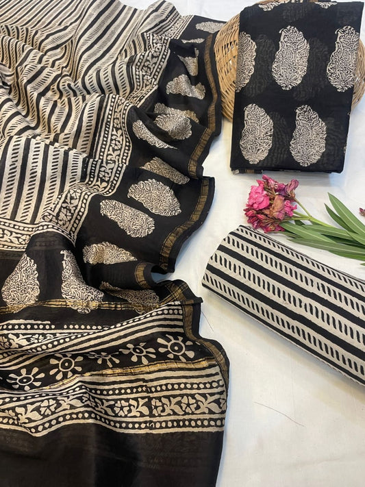 Hand Block Printed Chanderi Silk Suit Set