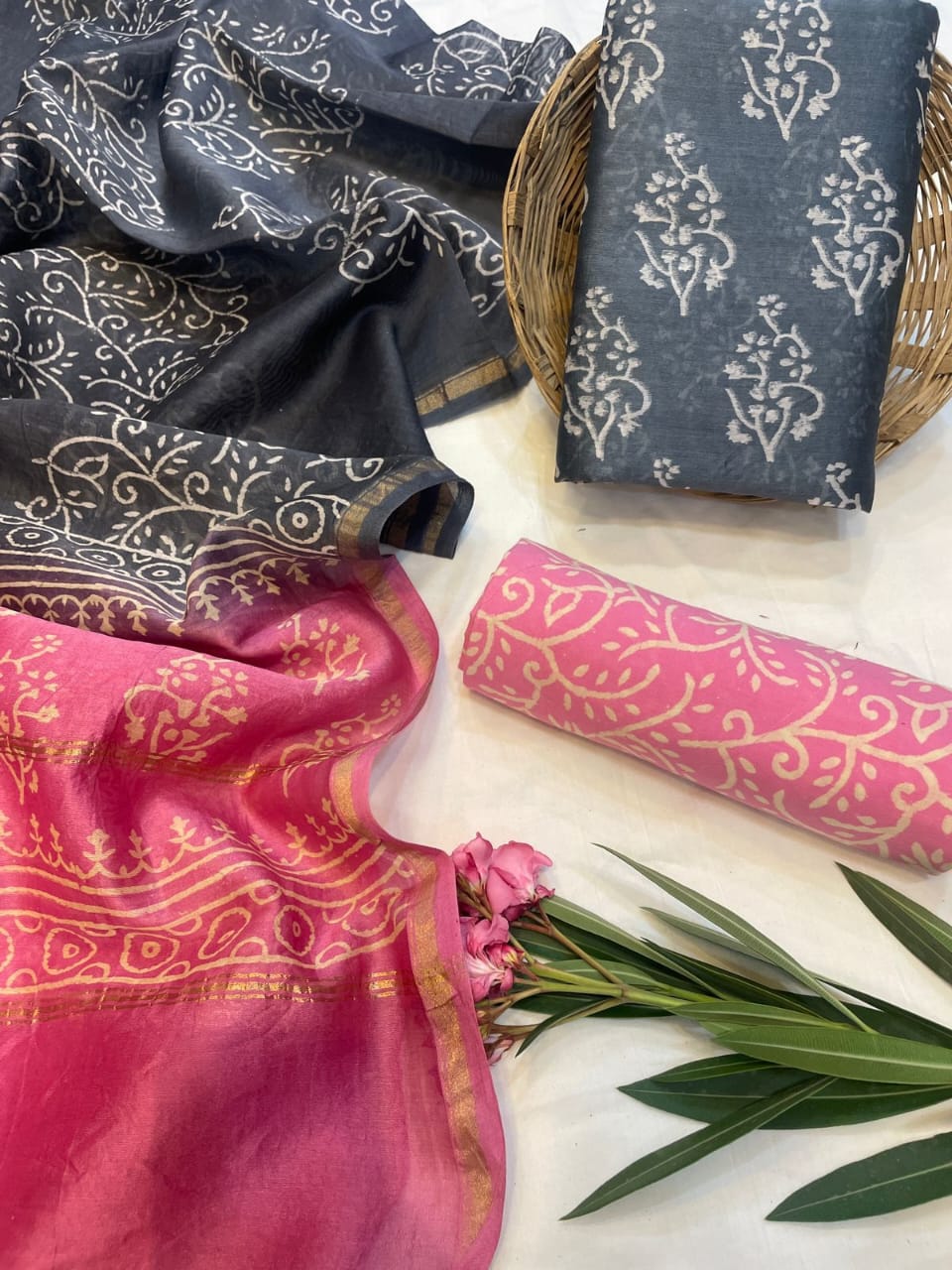 Hand Block Printed Chanderi Silk Suit Set