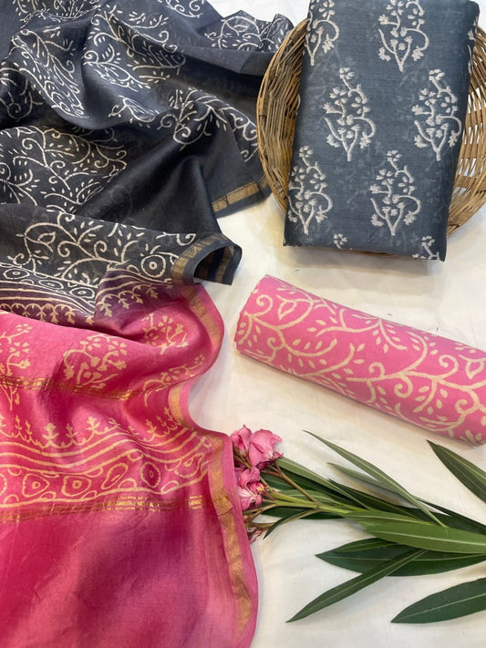 Hand Block Printed Chanderi Silk Suit Set
