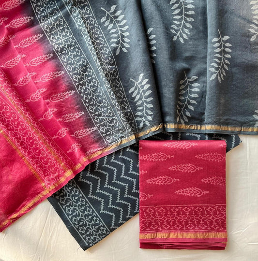 Hand Block Printed Chanderi Silk Suit Set