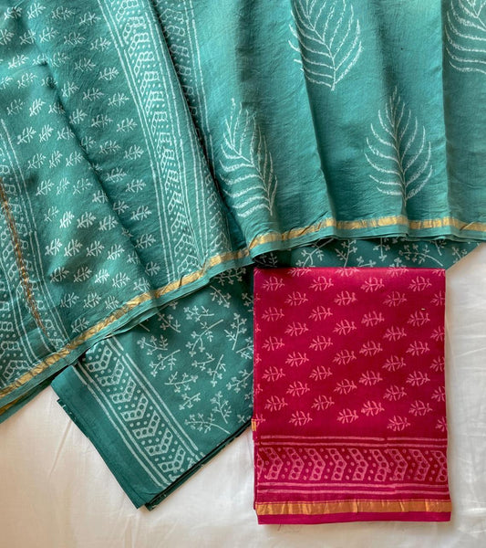 Hand Block Printed Chanderi Silk Suit Set