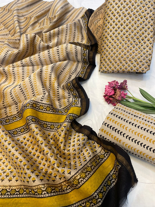 Hand Block Printed Chanderi Silk Suit Set
