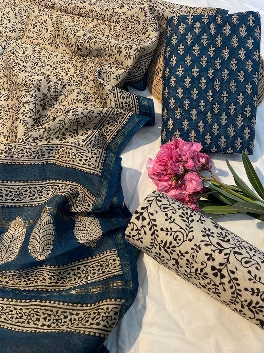 Hand Block Printed Chanderi Silk Suit Set