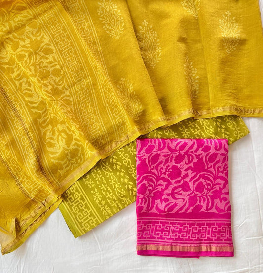 Hand Block Printed Chanderi Silk Suit Set