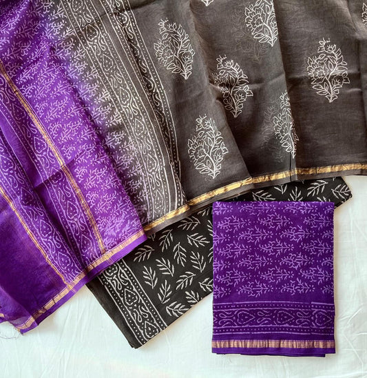 Hand Block Printed Chanderi Silk Suit Set