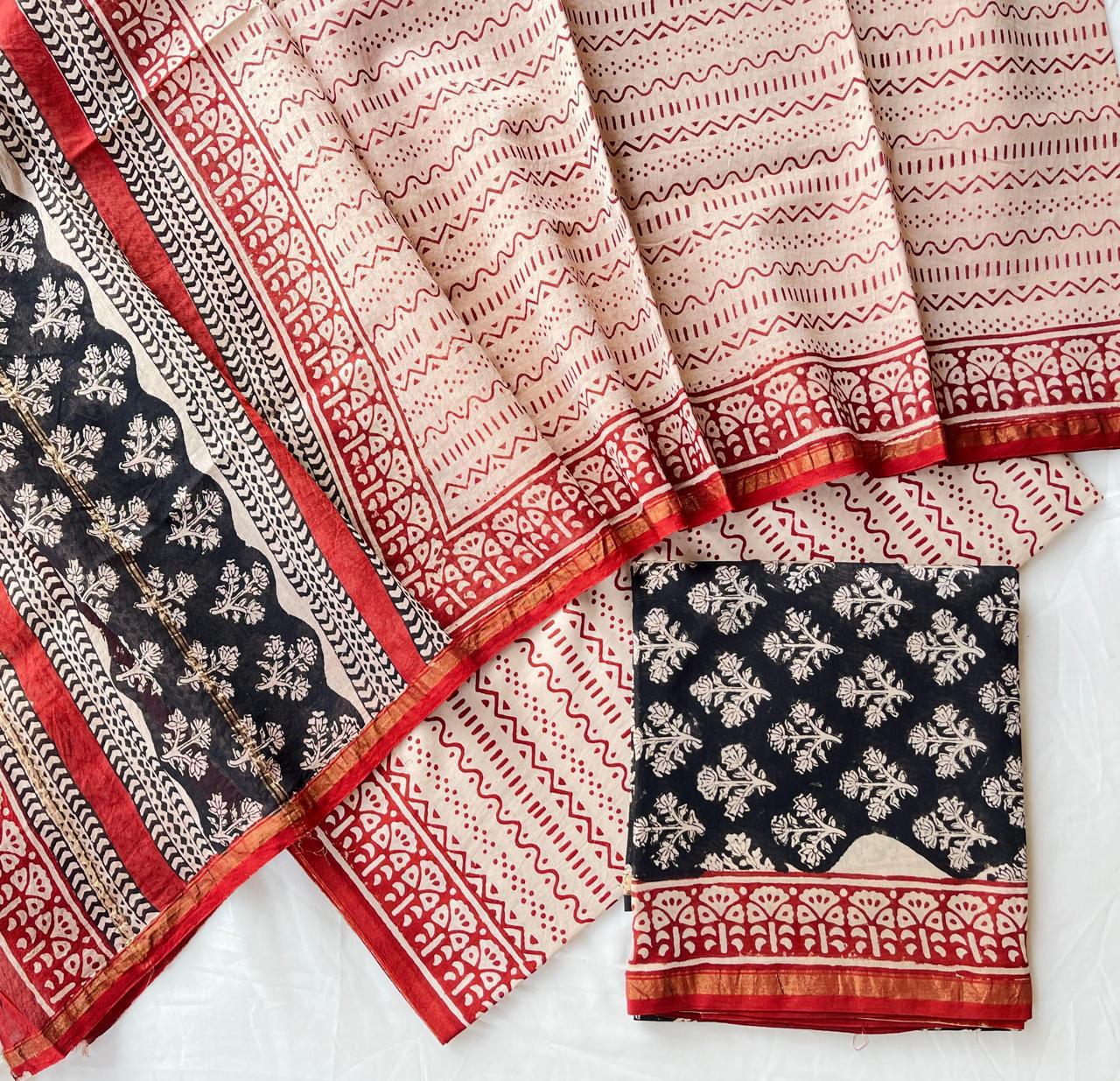 Hand Block Printed Chanderi Silk Suit Set