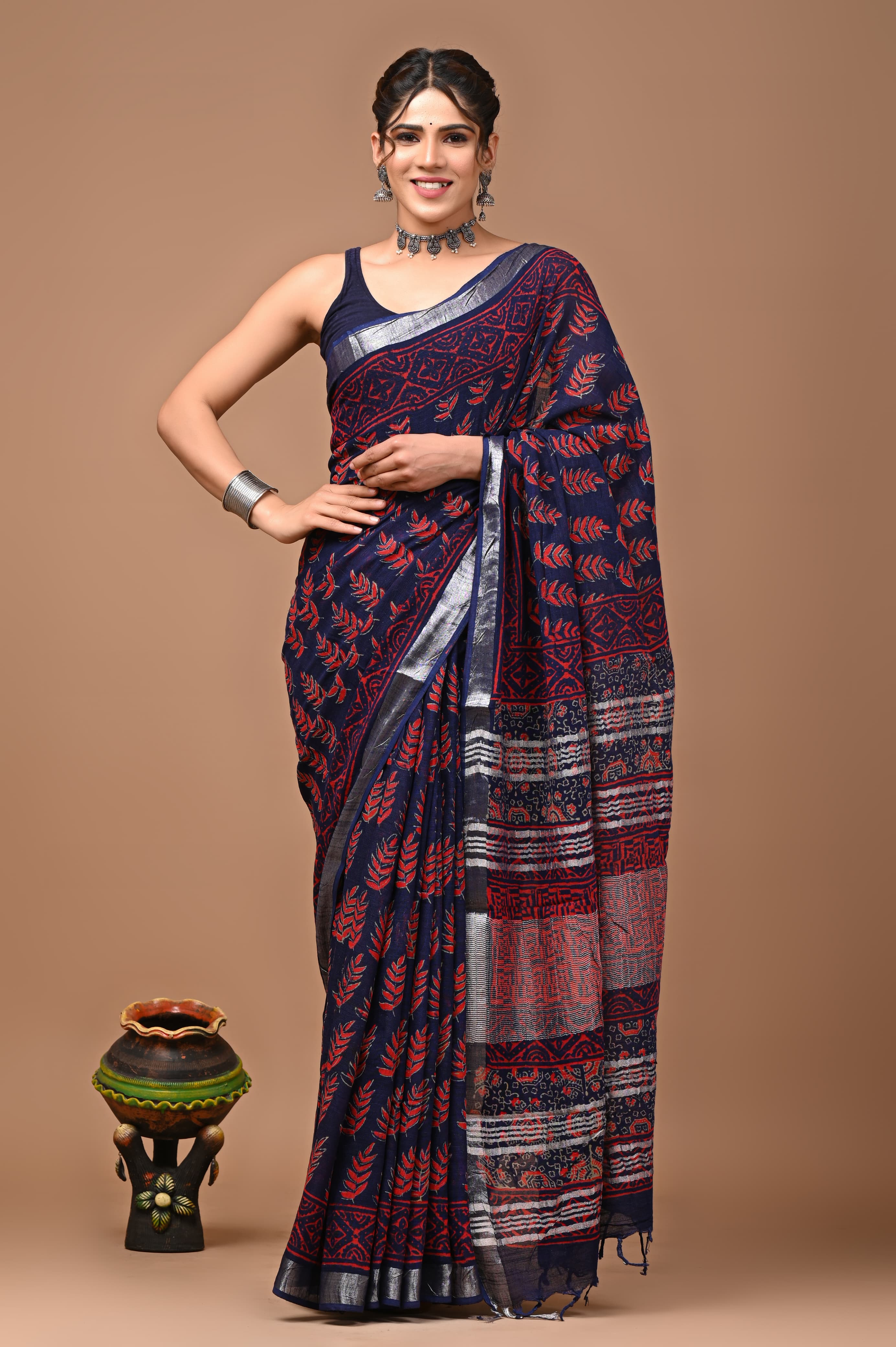 Hand block printed cotton linen saree
