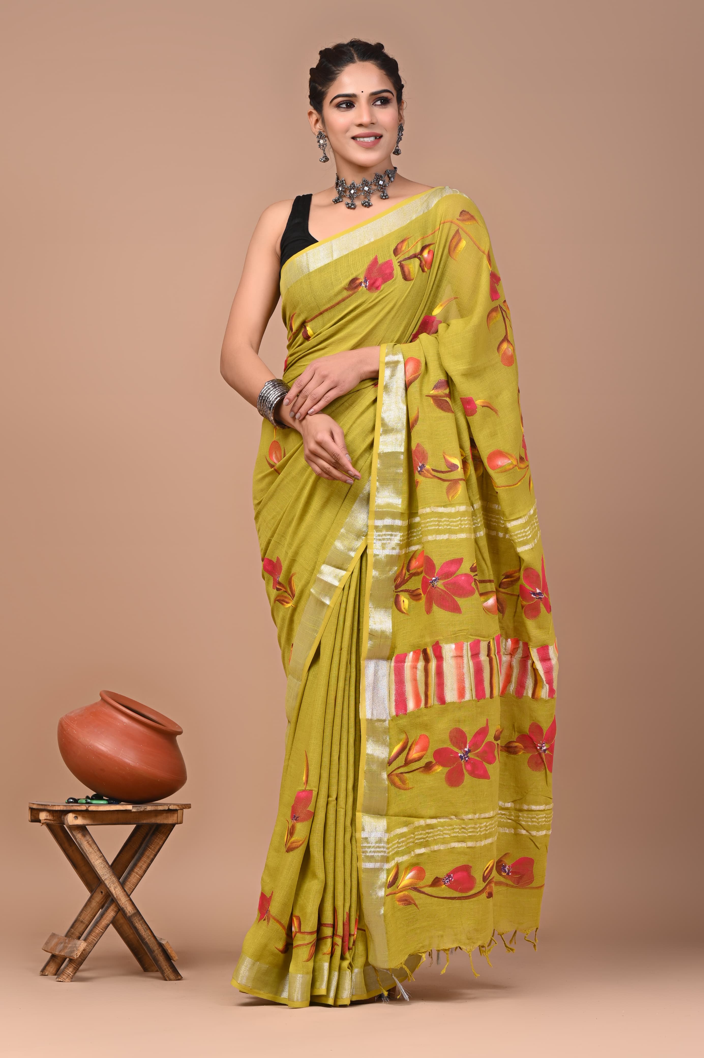 Hand block printed cotton linen saree
