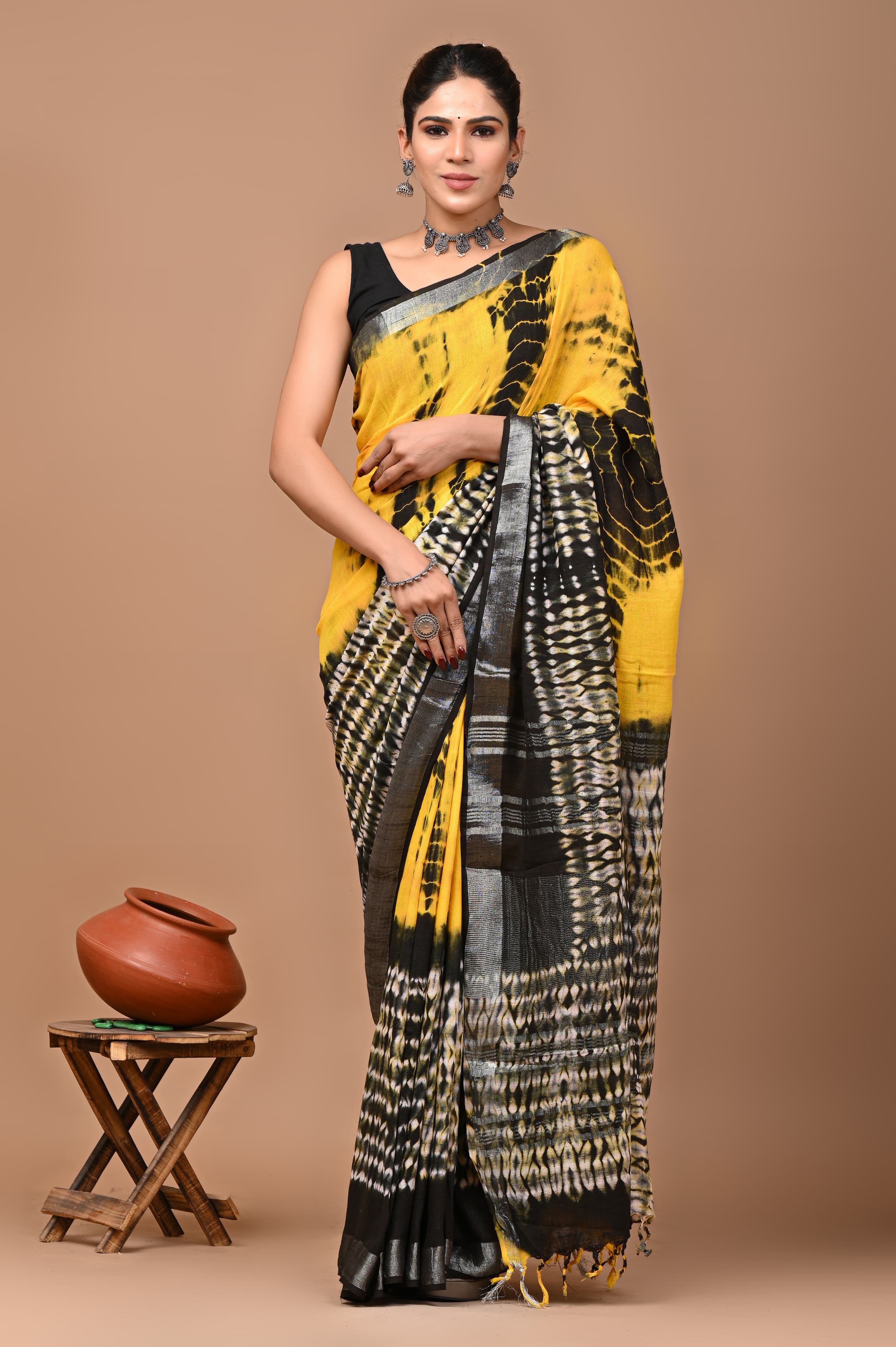 Hand block printed cotton linen saree