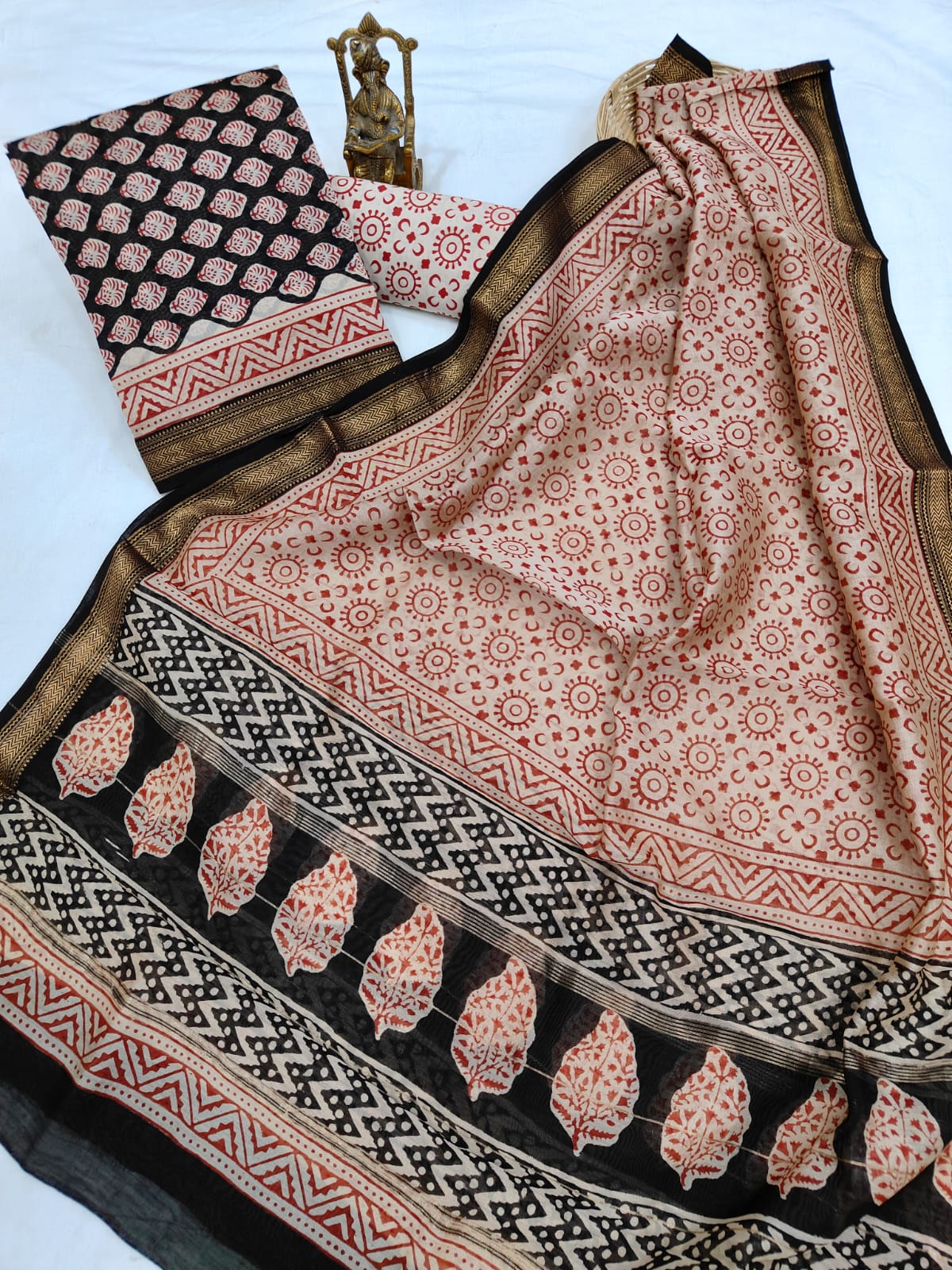 Hand block printed Maheshwari Silk zari border  border silk  Suits  Set with Duppatta